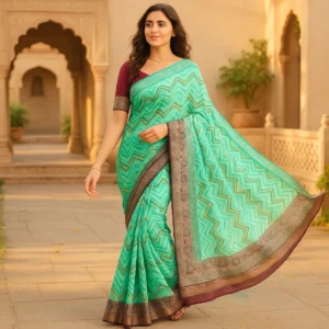 Aqua Green Banarasi Kora Silk Saree with Chevron Weave & Antique Zari Border