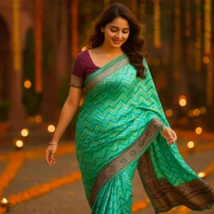 Aqua Green Banarasi Kora Silk Saree with Chevron Weave & Antique Zari Border