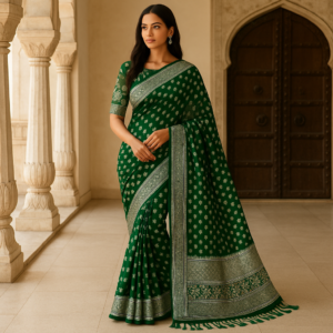 Green Georgette Saree with Silver Foil Print & Designer Blouse – Elegant Festive Wear