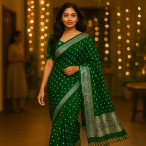 Green Georgette Saree with Silver Foil Print & Designer Blouse – Elegant Festive Wear