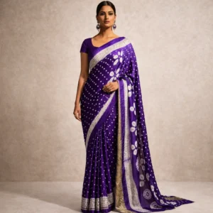Royal Purple Bandhani Saree with Elegant Border – Timeless Festive Wear for Women & Girls
