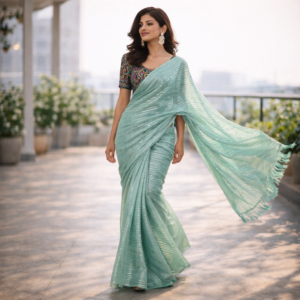 Sea Green Shimmer Chiffon Saree – Lightweight Festive & Party Wear for Women
