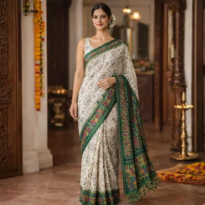 Ivory Printed Saree with Emerald Green Border – Elegant Festive Wear
