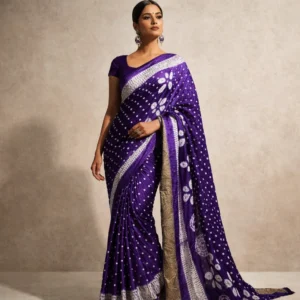 Royal Purple Bandhani Saree with Elegant Border – Timeless Festive Wear for Women & Girls