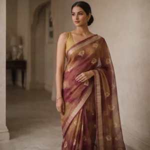 Wine & Mustard Dola Silk Saree with Gold Butti – Elegant Festive Wear