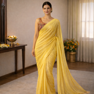 Yellow Shimmer Chiffon Saree – Lightweight Festive & Party Wear for Women
