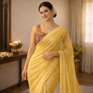 Yellow Shimmer Chiffon Saree – Lightweight Festive & Party Wear for Women
