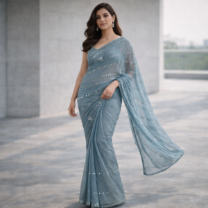 Dusty Blue Bandhani Sequin Chiffon Saree – Soft Flow with Modern Elegance