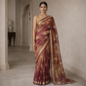 Wine & Mustard Dola Silk Saree with Gold Butti – Elegant Festive Wear