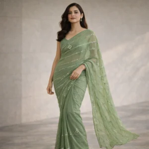 Pista Green Bandhani Sequin Chiffon Saree – Soft Drape with Subtle Festive Shine