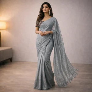 Grey Shimmer Chiffon Saree – Lightweight Elegant Party & Festive Wear for Women