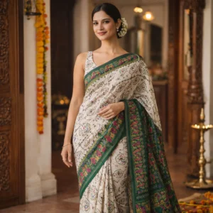 Ivory Printed Saree with Emerald Green Border – Elegant Festive Wear