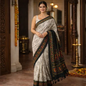 Ivory Printed Saree with Rich Black Border & Pallu – Timeless Elegance