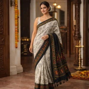Ivory Printed Saree with Rich Black Border & Pallu – Timeless Elegance