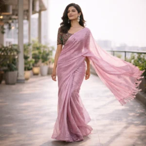 Pink Shimmer Chiffon Saree – Lightweight Party & Festive Elegance for Women