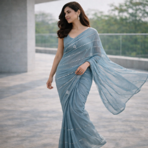 Dusty Blue Bandhani Sequin Chiffon Saree – Soft Flow with Modern Elegance